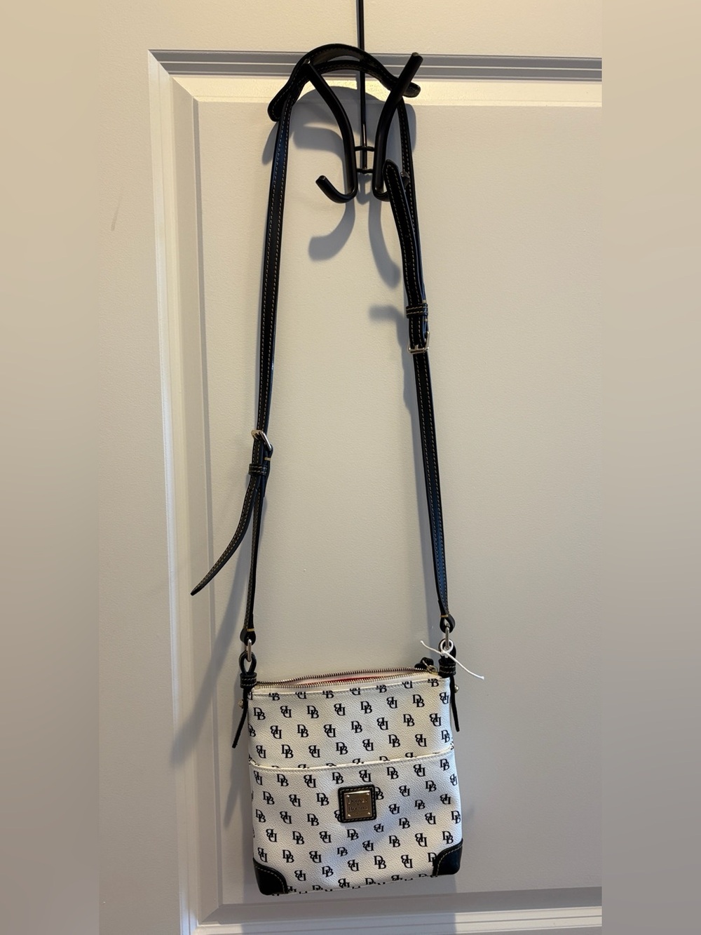 Dooney & Burke Logo Crossbody Bag Purse, White with Black Leather Trim